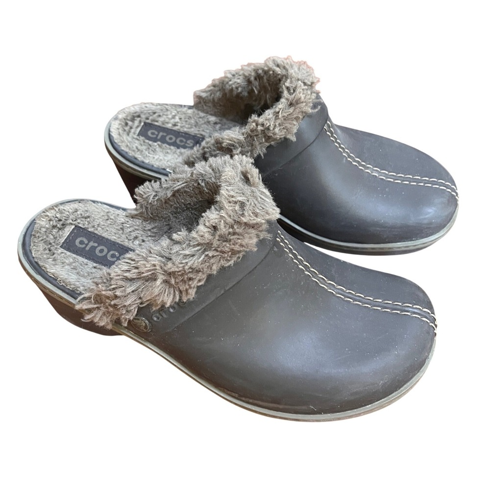 Crocs Gretel Espresso Brown‎ Faux Fur Lined Wedge Clog Mules Womens 8 Slip On